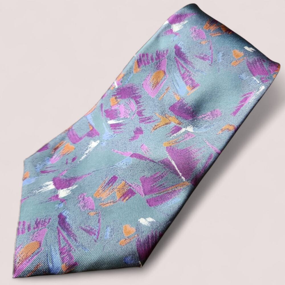 PIERRE CARDIN | Abstract Brushstroke Wearable Art Blue and Purple Men's Silk Tie